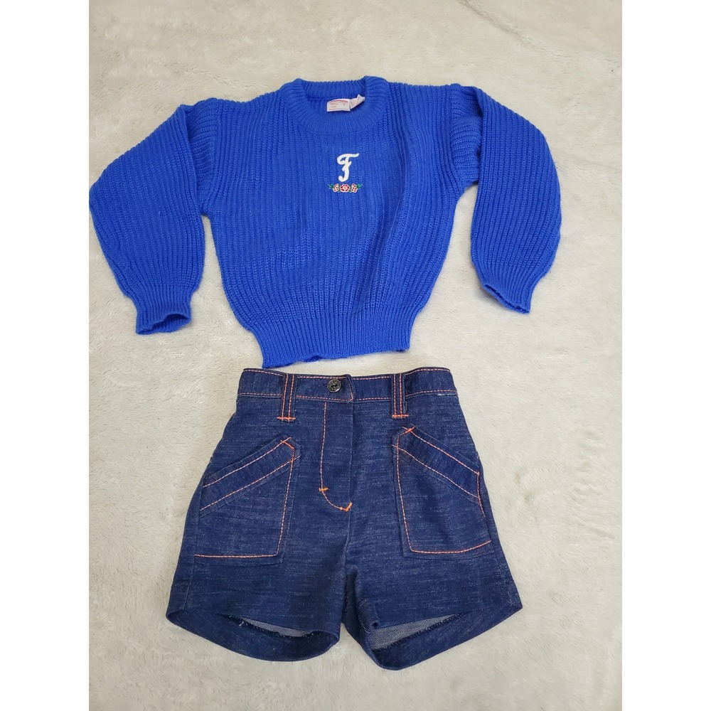 Vintage Blue Knit‎ Sweater Letter F Applique Blue Shorts Girls 3 4 Retro Kidcore